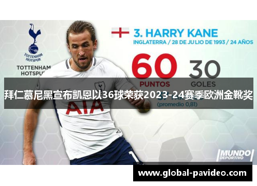 拜仁慕尼黑宣布凯恩以36球荣获2023-24赛季欧洲金靴奖
