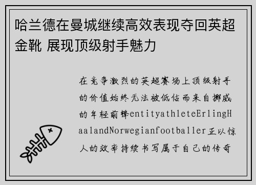 哈兰德在曼城继续高效表现夺回英超金靴 展现顶级射手魅力