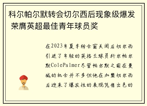 科尔帕尔默转会切尔西后现象级爆发 荣膺英超最佳青年球员奖